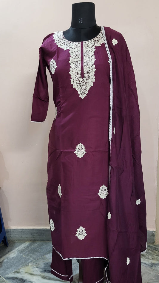 Elegant Maroon Embroidered Cotton Suit Set with Dupatta