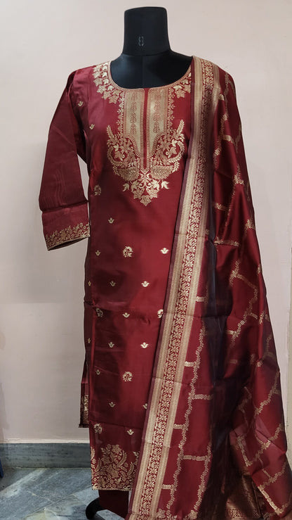 Maroon Silk Embroidered Suit Set with Dupatta