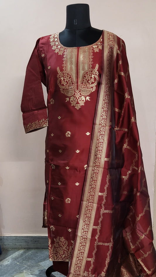 Maroon Silk Embroidered Suit Set with Dupatta