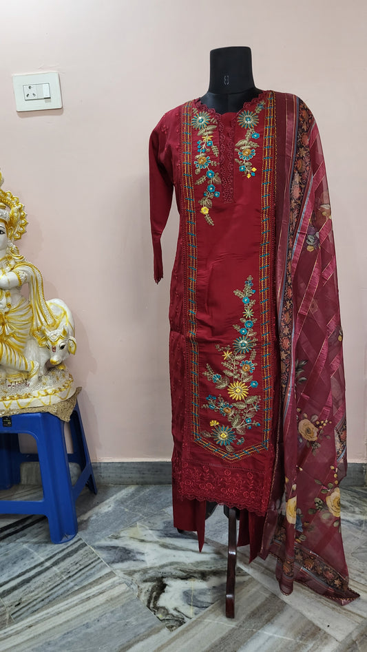 Maroon Embroidered Kurta Set with Printed Dupatta