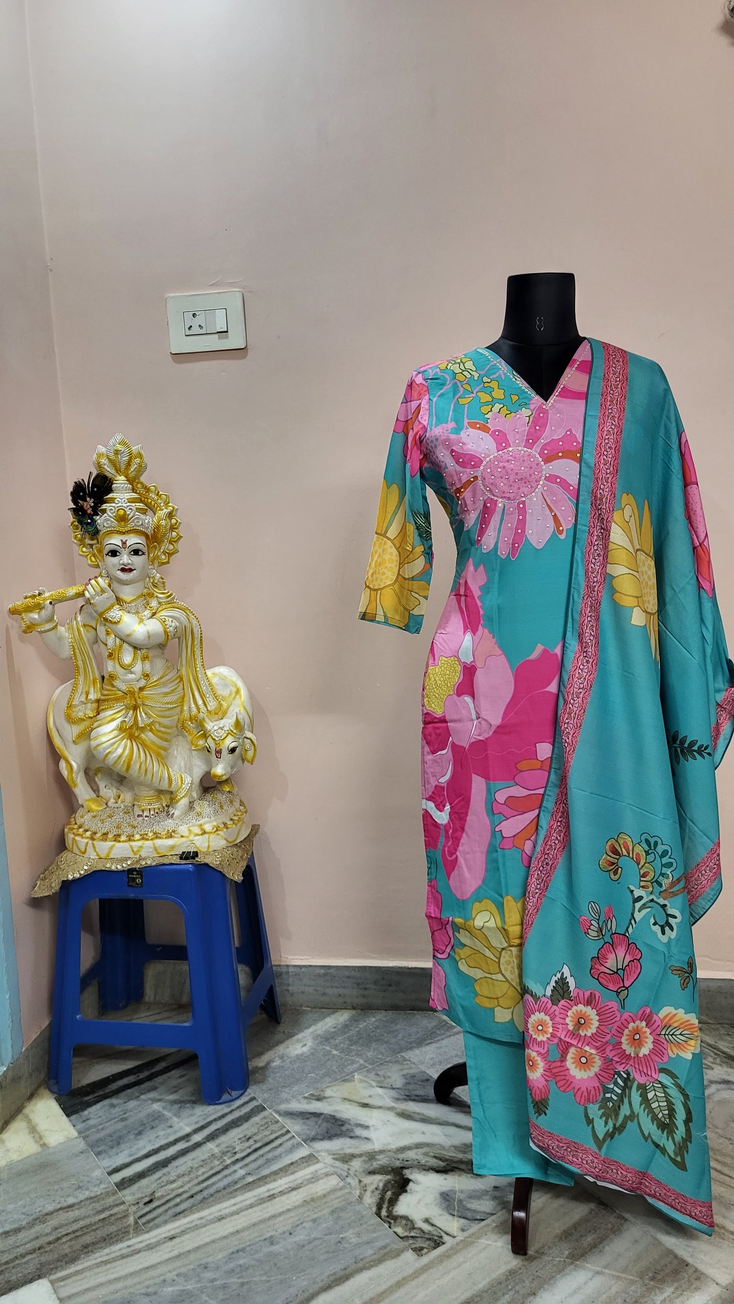 Turquoise & Pink Floral Printed Cotton Suit Set with Dupatta