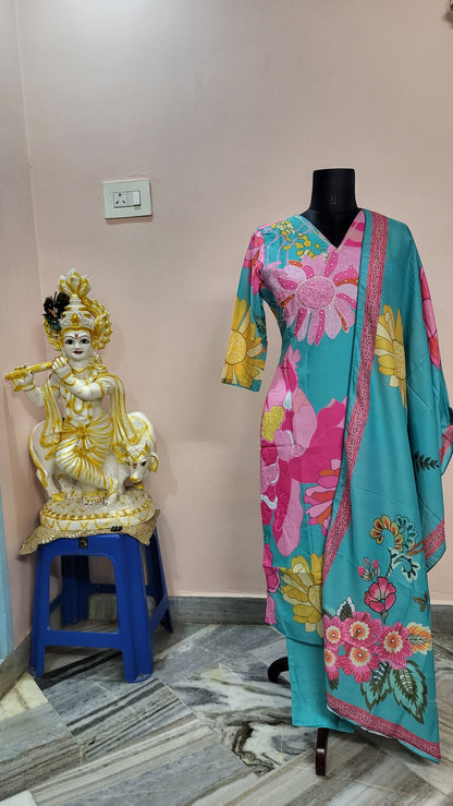 Turquoise & Pink Floral Printed Cotton Suit Set with Dupatta