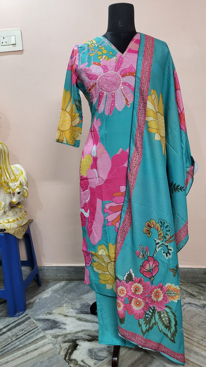 Turquoise & Pink Floral Printed Cotton Suit Set with Dupatta