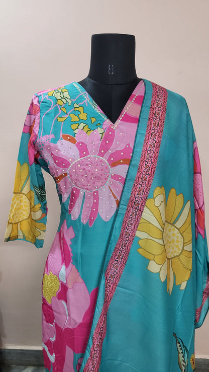 Turquoise & Pink Floral Printed Cotton Suit Set with Dupatta