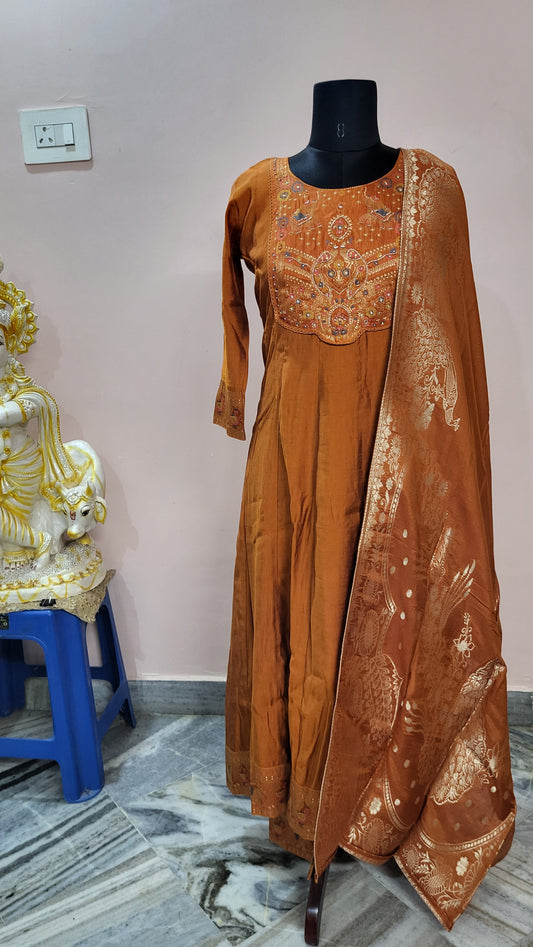 Rust Orange Embroidered Kurta Set with Dupatta