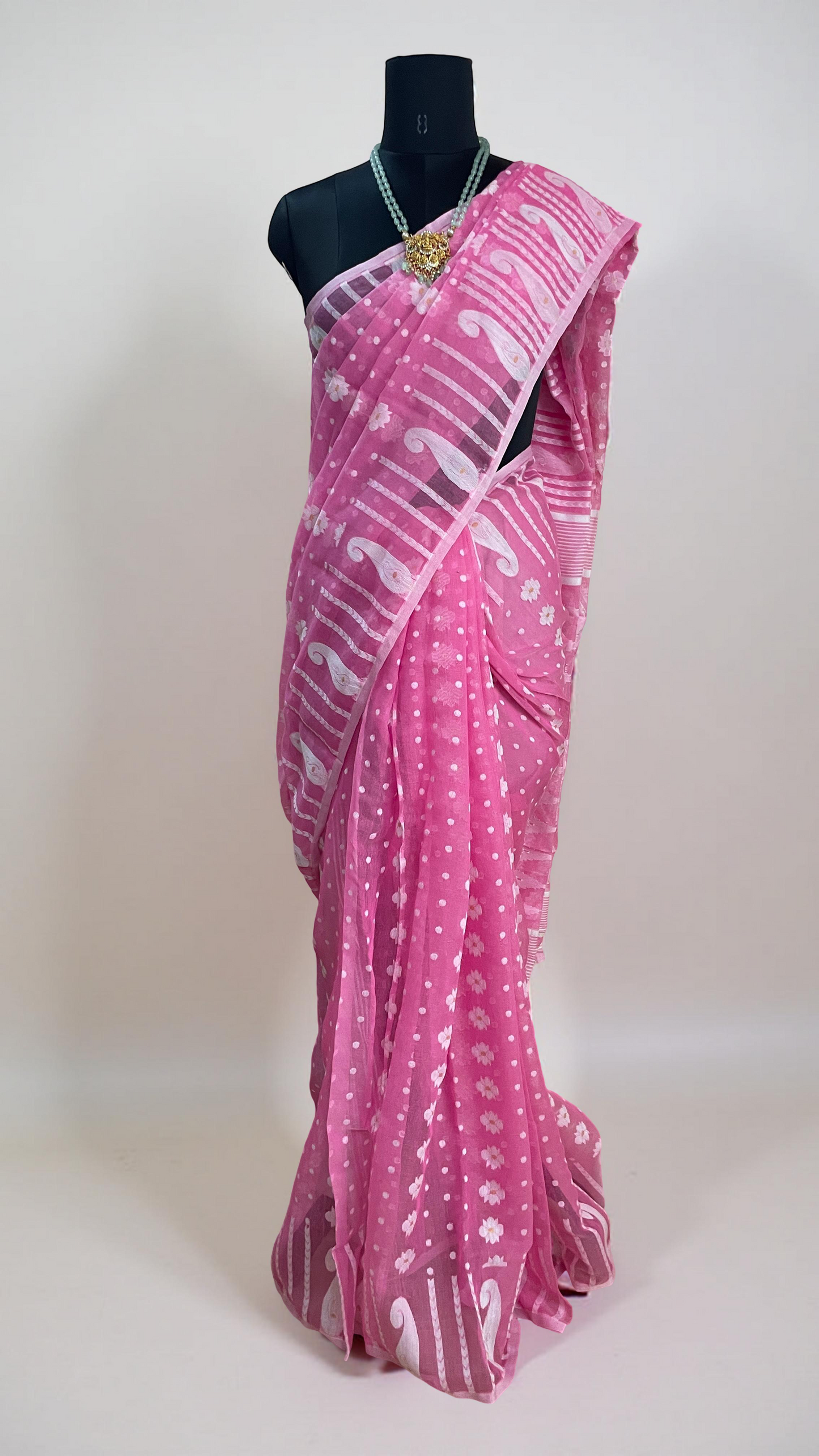 Charming Pink Organza Saree with White Printed Floral &amp; Stripe Motifs – Light Festive Wear