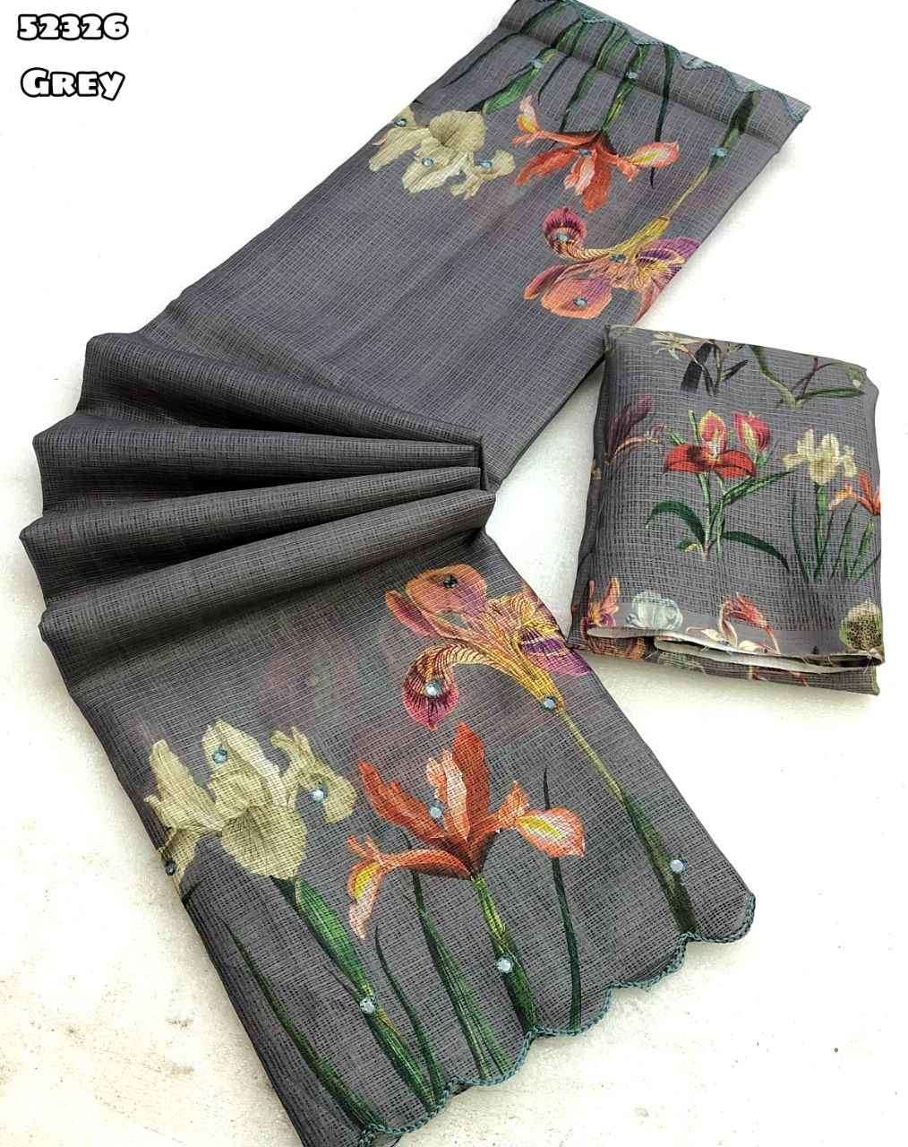 Elegant Grey Floral Printed Organza Saree with Scalloped Border
