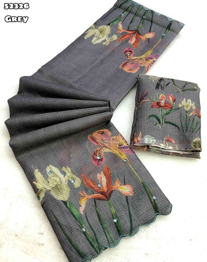 Elegant Grey Floral Printed Organza Saree with Scalloped Border