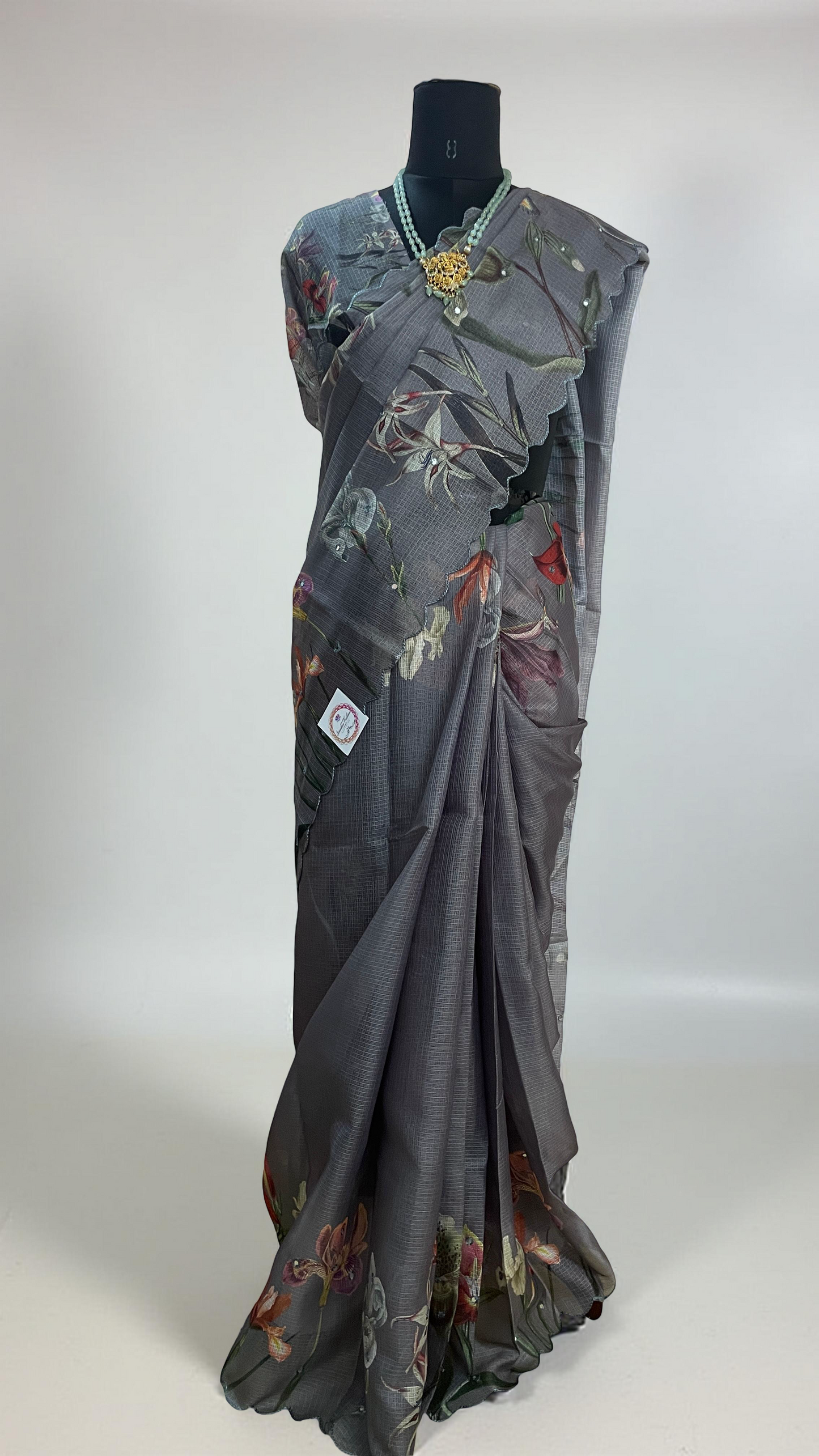 Elegant Grey Floral Printed Organza Saree with Scalloped Border
