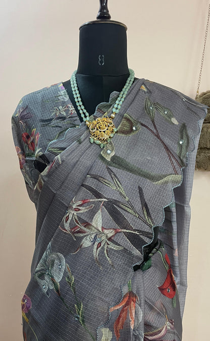 Elegant Grey Floral Printed Organza Saree with Scalloped Border