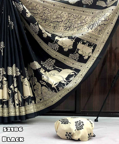 Black and White Ethnic Print Saree with Traditional Animal Motifs & Contrast Border – Elegant Festive Wear