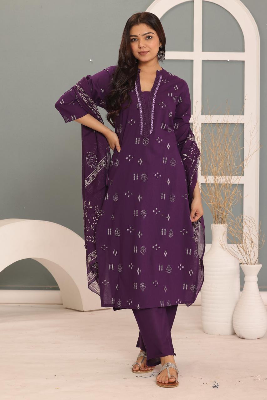 Purple Block Print Cotton Suit Set with Dupatta