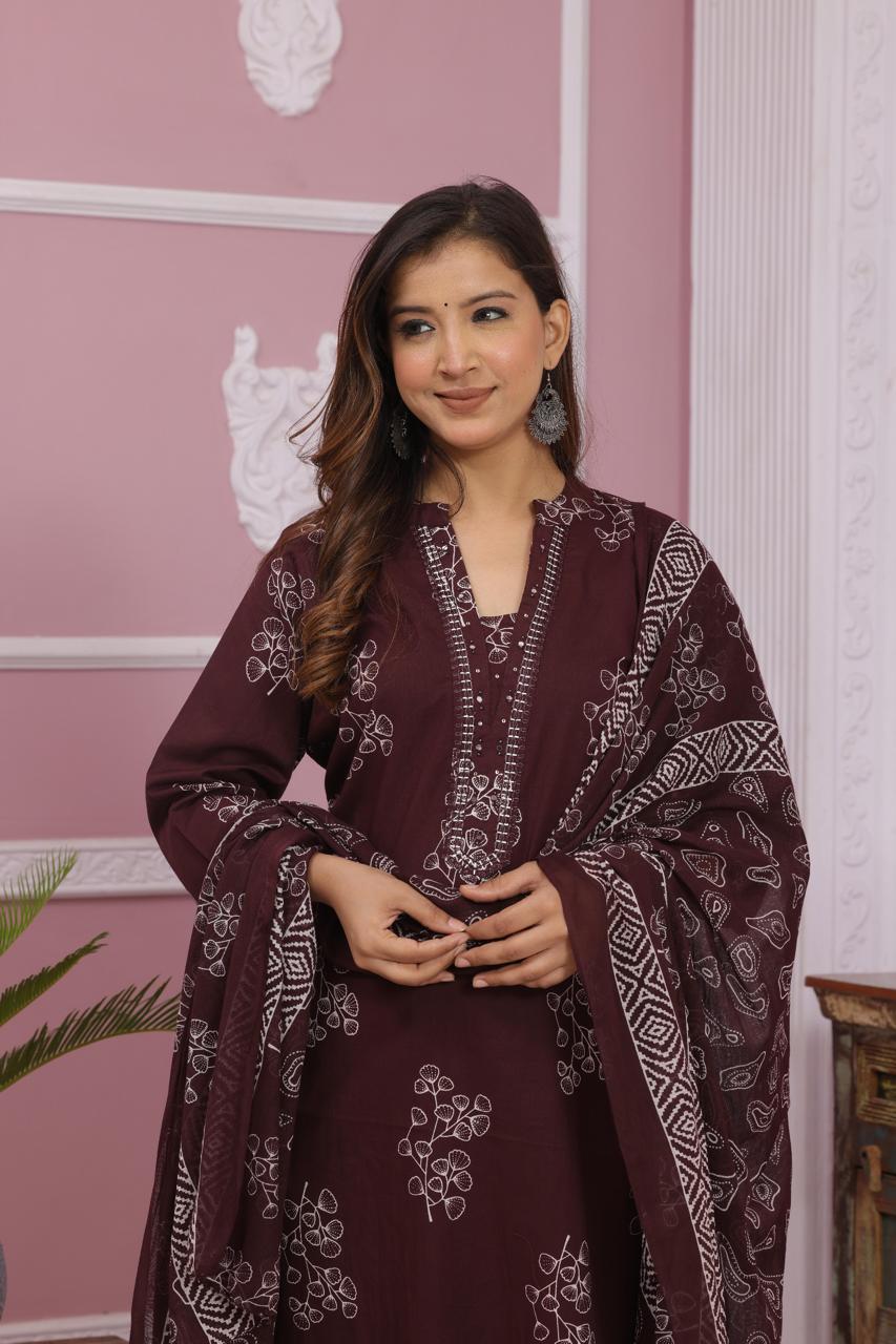 Dark Maroon Block Print Cotton Kurta Set with Dupatta