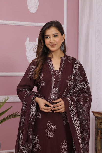 Dark Maroon Block Print Cotton Kurta Set with Dupatta