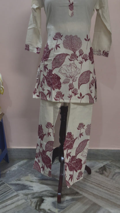 Ivory & Maroon Floral Printed Cotton Kurta Set