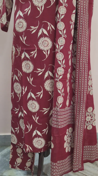 Maroon Floral Handblock Print Cotton Suit Set with Dupatta