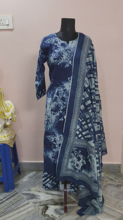 Elegant Indigo Blue Floral Cotton Suit Set with Dupatta