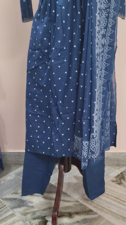 Navy Blue Embroidered Anarkali Cotton Suit Set with Dupatta