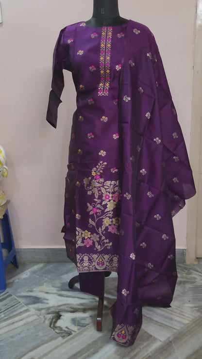 Elegant Purple Floral Embroidered Cotton Suit Set with Dupatta