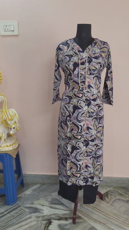 Navy Abstract Floral Printed Kurta with Solid Navy Blue Pants