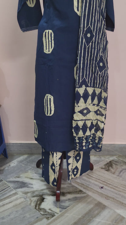 Navy Blue Handblock Printed Cotton Kurta Set with Dupatta