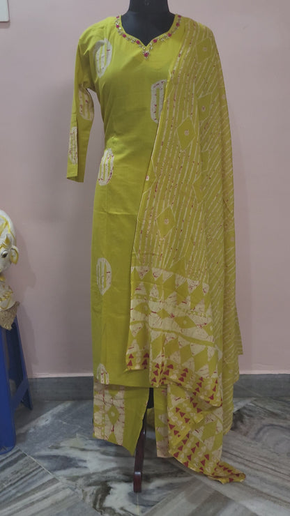 Mustard Yellow Handblock Print Cotton Suit Set with Embroidered Neckline