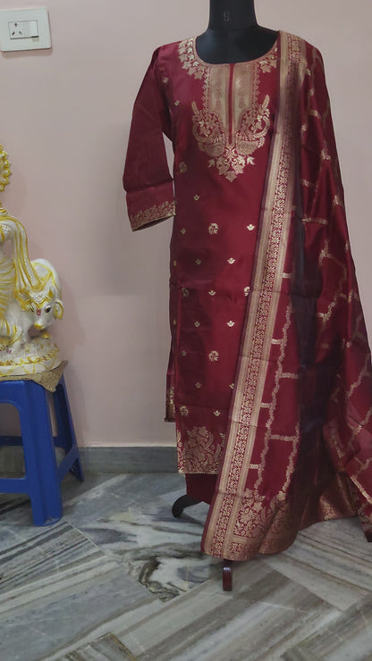 Maroon Silk Embroidered Suit Set with Dupatta