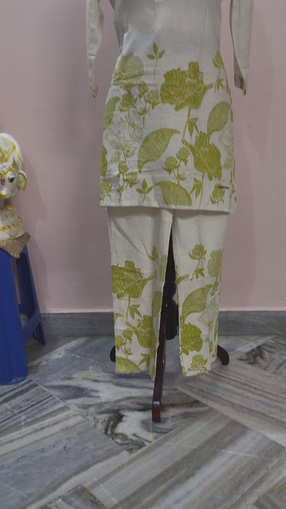 Ivory & Olive Green Floral Printed Cotton Kurta Set
