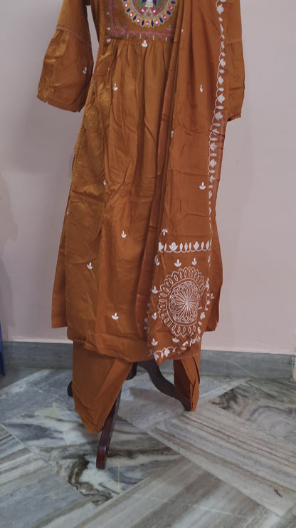 Mustard Brown Embroidered Peacock Kurta Set with Dupatta