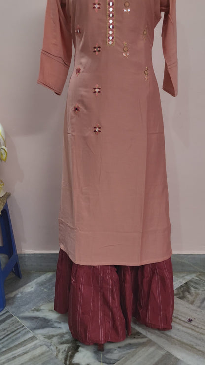 Peach Mirror-Work Embroidered Kurta with Maroon Striped Palazzo Pants