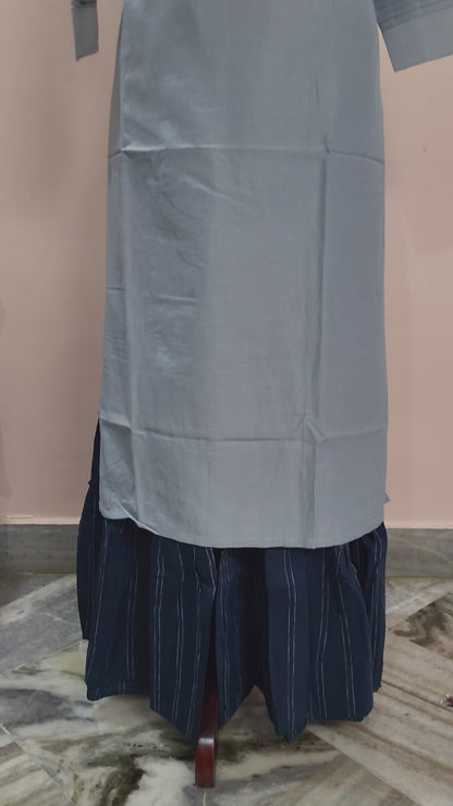 Dusty Blue Embroidered Kurta with Striped Palazzo Pants