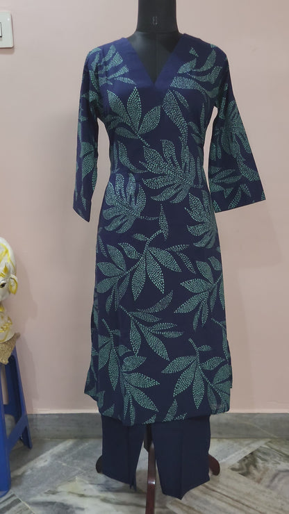 Navy Blue Leaf-Print Straight Kurta with V-Neckline & Matching Pants