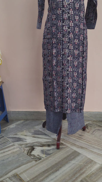 Navy Blue Printed Cotton Kurta Set