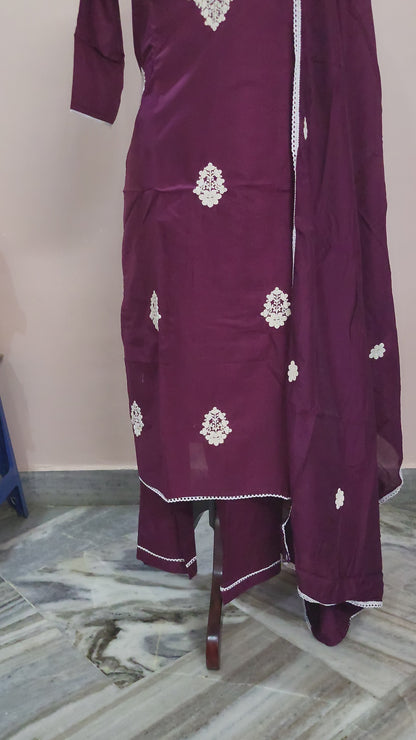 Elegant Maroon Embroidered Cotton Suit Set with Dupatta