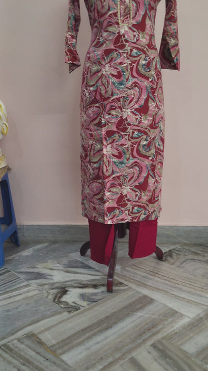 Maroon Abstract Floral Printed Kurta with Solid Red Pants