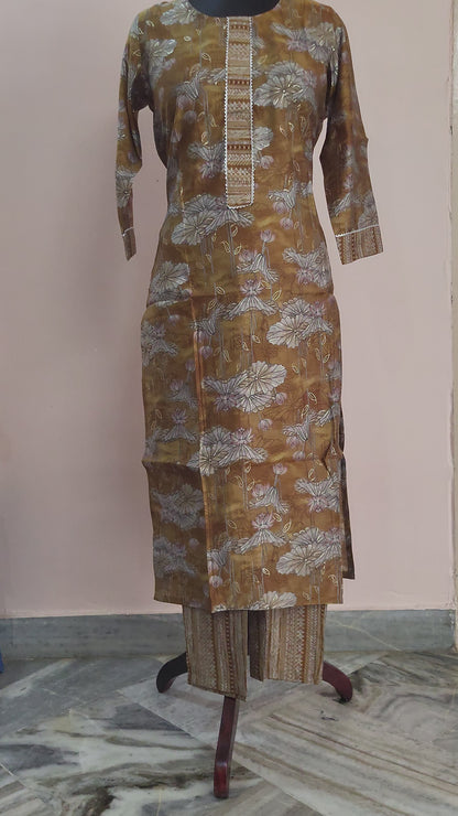 Mustard Lotus Print Kurta with Striped Ethnic Pants