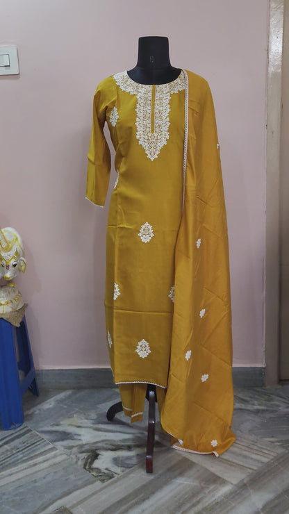 Mustard Yellow Embroidered Cotton Suit Set with Dupatta