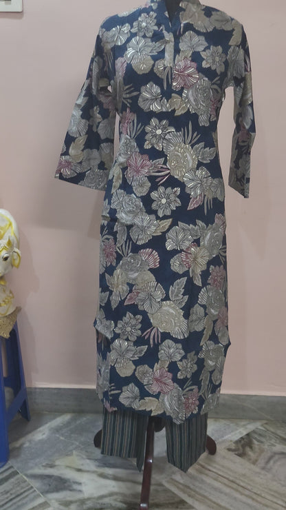 Navy Blue Floral Printed Cotton Kurta Set with Striped Pants