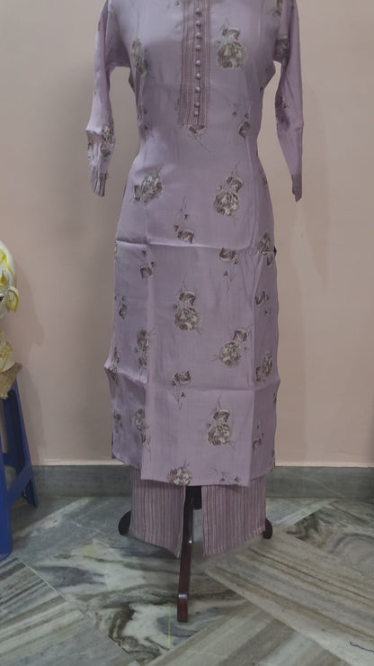 Lavender Floral Printed Cotton Kurta Set with Striped Pants