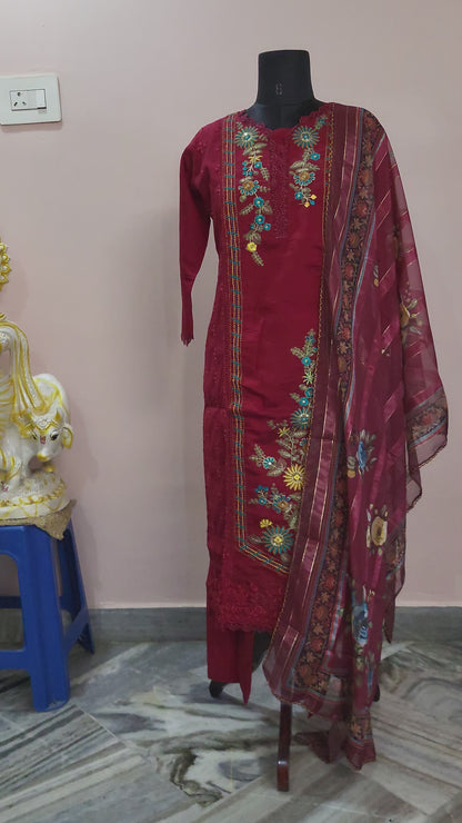 Maroon Embroidered Kurta Set with Printed Dupatta
